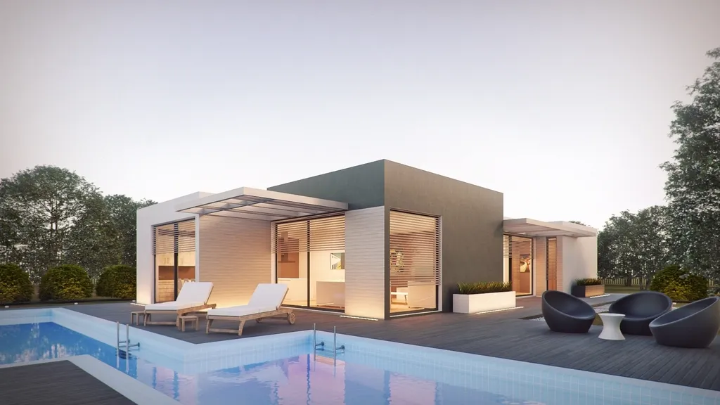 A white house with a long pool and a lawn